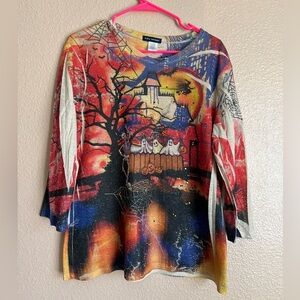 SML Sport Vintage Haunted House Halloween Artsy Festive 3/4 Sleeve Blouse Sz Lg